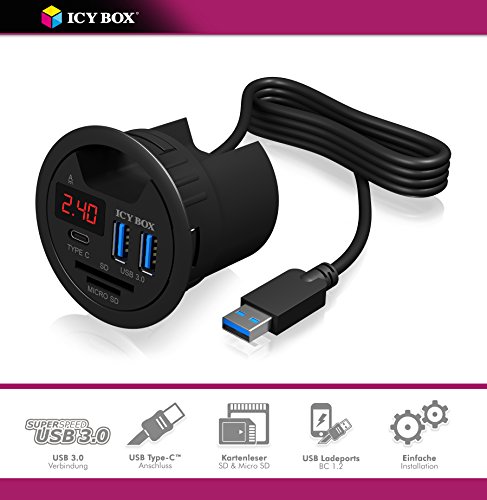 Icy Box IB-Hub1404 Tisch-Hub (60 mm) zum Einbau, 2x USB 3.0, 1x Type-C, Ladefunktion, SD-Kartenleser, LED-Display, Kabeldurchführung, schwarz - 2
