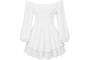 Miolasay Damen Puffkleid mit Rüschen, integrierte Shorts, Spitze, U-Boot-Ausschnitt, lange Ärmel, Volant, Body, schulterfrei, lange Ärmel, mehrlagiges, kurzes Kleid