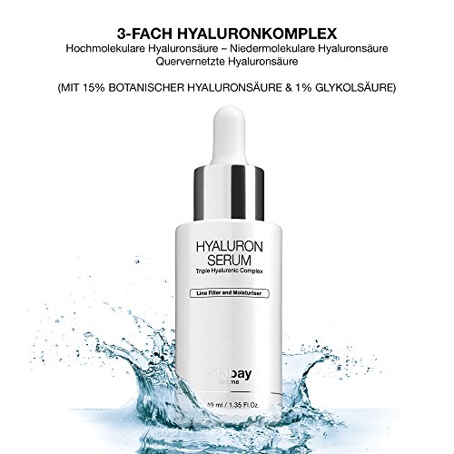 3-Fach Hyaluronsäure Serum extra stark 40 ml – mit 15% botanischer Hyaluronsäure für trockene Haut im Gesicht gegen Falten, Faeltchen, Traenensaecke – Fortgeschrittene Antialterungs-Feuchtigkeitscreme - 2