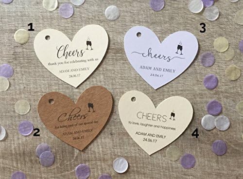 10 Personalised Wedding Favour Heart Shaped Thank You Tags Cheers