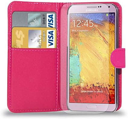 Samsung Galaxy Note 3 Leather Wallet Flip Case Cover Pouch + Screen Guard & Cleaning Cloth - HOT PINK