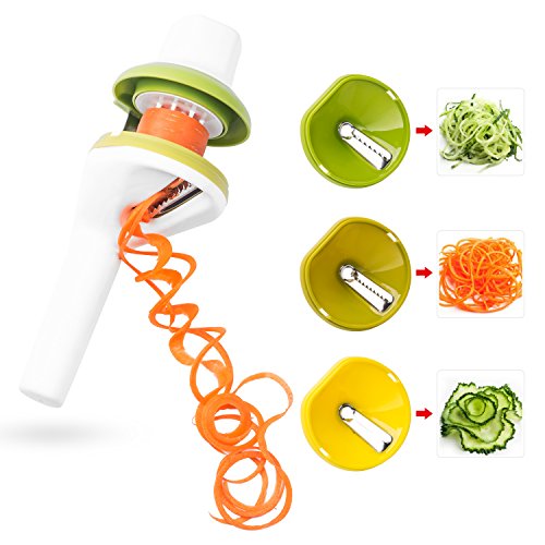 VOOKI Spiralschneider Gemüsehobel für Gemüsespaghetti Kartoffel Zucchini Möhren Reibe Spargelschäler Gurkenschäler Gurkenschneider Gemüseschneider, mit Drei Funktionen Klingen