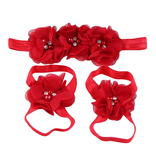 Sanwood Baby Girl Chiffon Rhinestone Foot Flower Barefoot Sandals Headband Set (Red)