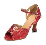  URVIP Neuheiten Frauen\'s Glitter Leder Heels Absatzschuhe Moderne Latein-Schuhe mit Knöchelriemen Tanzschuhe LD059 Rot 33 CN