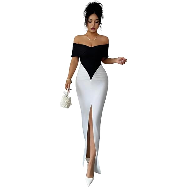 SHEIN Dress  Elegant Off-Shoulder Black & White Cocktail Dress with  Ruffled Organza, Slim Long Gown for Wedding Guest, Party & Prom (S): Buy  Online at Best Price in Egypt - Souq