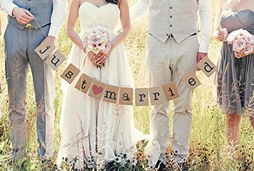 Veewon Girlande Vintage Rustikal Kraftpappe Hochzeit Bunting Fahnen Foto Prop Dekoration Weinlese “Just Married" - als Deko zur Hochzeit