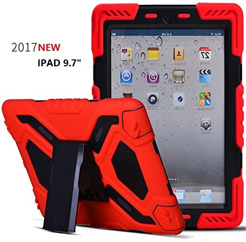 New iPad 9.7 inch 2017 Case, Bpowe Pepkoo Series Heavy Duty Cover Case Silicone Plastic Dual Layer Shock Proof Drop Proof Dust Proof Kids Proof With Kickstand For New iPad 9.7 inch 2017 (red/black)