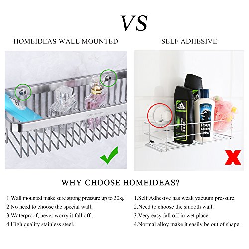 HOMEIDEA Extrem Fest & rostfrei rechteckig Badewanne und Dusche Regal Korb, Wand montiert Badezimmer Bad Caddy/Aufbewahrung mit 5 Handtuchhalter Haken Kleiderbügel, gebürstet, SUS304 Edelstahl, Edelstahl, Silber, A-Rectangular - 2