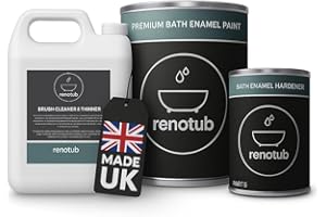 Renotub Premium 2K Bath Resurfacing Repair Enamel Paint + Brush Cleaner and Thinner Kit- Brilliant White - Bathtub - Shower Tray - Sink - Tiles
