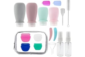 Aisamco Ensemble de 19 bouteilles de voyage pour toilettes, récipient de voyage étanche silicone extrudable sans bisphénol A accessoires de voyage pour shampooing, revitalisant, gel douche