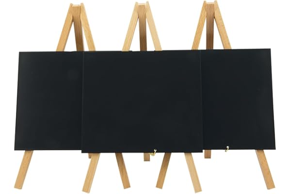 SECURIT - Lot de 3 Tableaux de Table + Chevalets + Marqueur à Craie - Ardoises Porte-Menu - Base en Bois Laqué - Pour Café, Bar, Restaurant, Boutique - 24,4 x 15 x 13,5 cm - Coloris Naturel/Noir