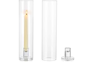 NUPTIO Huracán Candelabro Titulares Vidrio: 2 Piezas Portavelas de Vidrio Transparente Alto Palo Vela al Aire Libre Candelabro Cilindro Pantalla Centros Mesa de Boda Mesas Navidad Decoración Fiestas