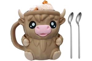 GENERIC Highland Cow Ice Cream Pint Holder, 3D Printed Leak Proof Beer Can Sleeve with Anti-Freeze Handle & 2 Spoons, Non-Slip Base Fits Ice Cream 16oz, Gift for Highland Cows Lovers (Light Brown(2 Spoons))
