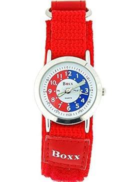 BOXX Lernuhr für Mädchen mit rotem und weißem Ziffernblatt PU-Armband mit Klettverschluss