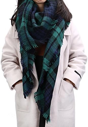 FENTI Womens XXL Scarf Neck Wrap Square Plaid Shawl Green