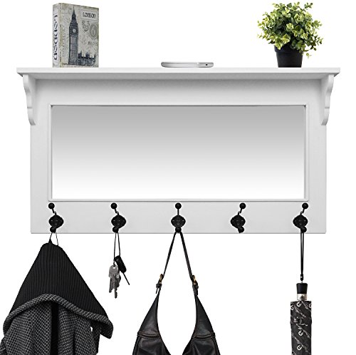 Wandgarderobe 95x49x12cm mit Ablage, Spiegel und 5 Haken Flurgarderobe Wandregal Holzregal für Flur und Bad