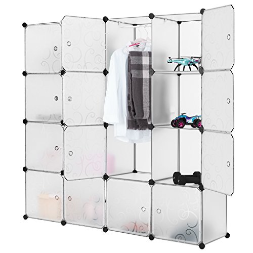 Finether Steckschrank Steckregal Regalsystem Steckregalsystem DIY Cube Regal mit Türen und Kleiderstange aus Kunststoff halb transparent 16 Fächer 147 x 147 x 37 cm | Wohnregal Stehregal Standregal Kleiderschrank Schuhschrank Aufbewahrungsregal für Kleidung Schuhe Spielzeug Bücher - 4