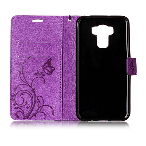 Erdong   Funda de piel Para Asus Zenfone 3 Max ZC553KL 5 5   Carcasa Libro de Cuero Impresi  n Con Tapa y Cartera Correa de mano - Cuero de la PU Con TPU Silicona Case Interna Suave  Soporte Plegable  Ranuras para Tarjetas y Billetera  Cierre Magn  tico - Dise  o de Mariposa y Flor caso Para Asus Zenfone 3 Max ZC553KL 5 5   P  rpura