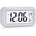 Digital Alarm Clock, LCD Bedside Clock with Temperature, Date Time, Snooze, 12/24Hr, Silent Alarm Clocks Non Ticking Digital Clock with Large Display for Bedroom Travel Office, Battery Powered (White)