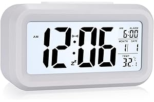 LANKOER Digital Alarm Clock, LCD Bedside Clock with Temperature, Date Time, Snooze, 12/24Hr, Silent Alarm Clocks Non Ticking Digital Clock with Large Display for Bedroom Travel Office, Battery Powered (White)