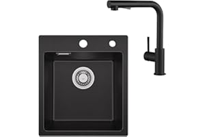 Sofetiy Spülbecken Schwarz Granit 40x45cm und Wasserhahn Küche Ausziehbar Schwarz, Spüle Küchenspüle Mit Siphon, Granitspüle Rechteckig Mit 2 Hahnlöcher, Einbauspüle 1 Becken