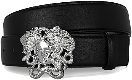 Medusa Snake Head Buckle Leather Belt for Man (Silver-Black, 49inch)