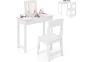 GYMAX Kids Vanity Table and Chair, 2 in 1 Children Makeup Desk with Flip Top Mirror, Hidden Storage Space and Anti-toppling Device, Wooden Girls Dressing Tables Set for 3 Years Old+ (White)