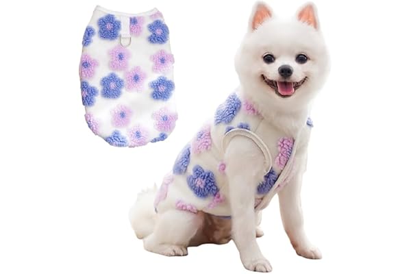 KUTKUT Winter Small Dog Cat Floral Sleeveless Vest Soft Warm Coral Fleece Double Layer Cozy Soft Button Open Sweater Small Doggie Outfit for Maltese, ToyPoodle, Toypom (Size:M, Chest:40cm)