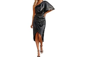 Odizli Damen Elegant Sexy One Shoulder Satin Partykleid mit Schlitz Bodycon Cocktailkleid