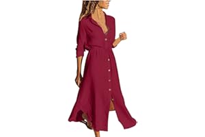 ALLENCE 2024 Femmes Robe de Travail Chic et Elegant Décontractée Cotton en Line à Manches 3/4 Longues Femme Élégant Maxi Robes De Soie avec Poches Ete Pas Cher Grande Taille Jupe avec Ceinture Pas Cher