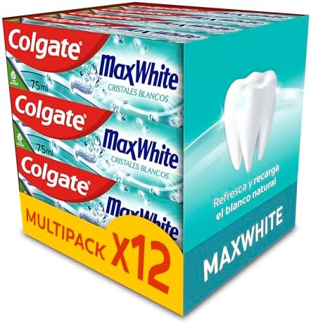 Colgate Max White Cristalli Bianchi Dentifricio Sbiancante, Confezione da 12 Pezzi x 75 ml, Salute Orcodentale Completa, Dentifricio Sbiancante con Protezione contro le Carie, Alito Fresco