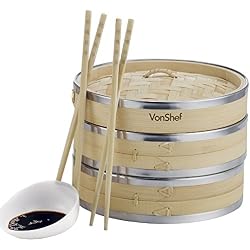 VonShef Appareil à Vapeur Bamboo Premium 20cm 2 Niveaux avec Cerclage en Acier Inoxydable - inclus 2 paires de Baguettes GRATUITES & 50 Papiers de Cire GRATUITS