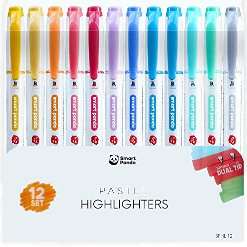 12 Textmarker Pastell von SmartPanda - Pastell-Textmarker mit dicken und feinen Köpfen- Set aus 12 verschiedenen Farben