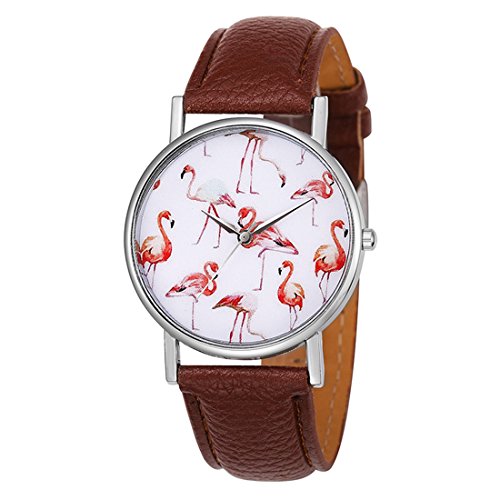 Souarts Damen Armbanduhr Einfach Stil wei? Zifferblatt mit Flamingo Muster Analoge Quarz Uhr