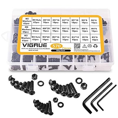 VIGRUE Kit 570PCS M3 M4 M5 Vis en Acier d'alliag Bouton à tête hexagonale Socket Tête Câble Boulons Vis avec écrous Assortiment