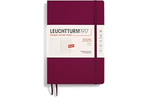 LEUCHTTURM1917 370749 Agenda semanal y cuaderno 2025, tamaño mediano A5, tapa blanda, planificador de 12 meses, a rayas, color rojo