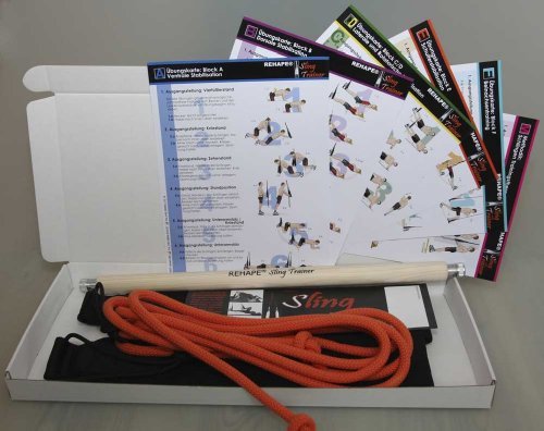 REHAPE Sling Trainer Set 1 – das Original│ Schlaufentrainer aus hochwertigen Materialien│ Made in Germany│ Weiche, Breite & Griffige Schlaufen│ SET bestehend aus REHAPE Slingtrainer mit Abstandshalter und Sieben Übungspostern als Anleitung für Schlingentraining nach Körperbereichen│ Sling Trainer für Gesundheitssport, Physiotherapie und gesundheitsbewusstes Heimtraining│ 10 Minuten Slingtraining oder Suspension Training täglich hilft Rücken, Bauch, Knie, Arme, Schultern, Nacken und Beinen