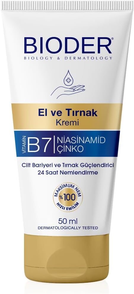 Bioder El ve Tırnak Bakım Kremi 50 ml – Biotin, Niasinamid ve Çinko İçerikli Nemlendirici, Tırnak Güçlendirici