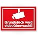 Produktbild Grundstück wird videoüberwacht Kunststoff Schild, Infozeichen (rot, 30 x 20cm), Hinweisschild, Warnhinweis Videoüberwacht Einbruchschutz, Warnhinweis Videoüberwacht - angelehnt an DIN 33450