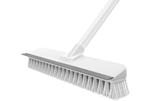 XUXRUS Indoor/Outdoor Push Broom, Stiff Bristles Scrub Brush with Squeegee & 56in Adjustable Long Handle Sweeping Tool for Cleaning Kitchen, Bathroom, Patio, Wood, Stone, Tile (White)