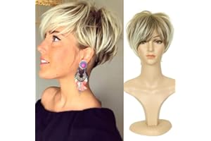 QUEENTAS Short Blonde Wig Pixie Cut Layered Short Hair Wigs for Women Synthetic Hair with Bangs Ladies Wigs UK (Brown Mixed Blonde)