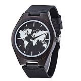 Holz Uhr Sentai Herren Weltkarte aus Holz Uhr Handgemachtes natürliches Ebenholz Armbanduhr Lederarmband Quarz-Armbanduhr schwarz