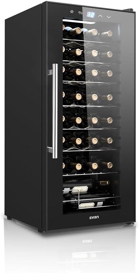 SVAN Vinoteca 32 Botellas Negro SVN3200S. 65W, Display LED táctil, Pantalla Digital Exterior, 8 Rejillas Metálicas, Clase de Eficiencia Enérgetica G