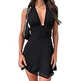 GOKATOSAU Women's Halterneck Deep V-Neck Flowy Chiffon Bow Tie Backless Summer Mini Dress, black, M