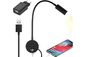 WISHOMEE Leselampe Wandmontage mit USB-Ladeanschluss, Nachttisch Wandleuchte LED dimmbare Wand Montiert Kopfteil Lampe, Flexible Wandleuchte, schwarz fertig, Adapter enthalten(3W Warm Weiß)