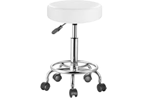 BAKAJI Sgabello con ruote rotondo, Seduta in Ecopelle e Base Acciaio Girevole a 360°, Altezza Regolabile, Imbottitura con spessore da 10 cm, Ideale per Bar, Casa, Estetista, Studio medico (Bianco)