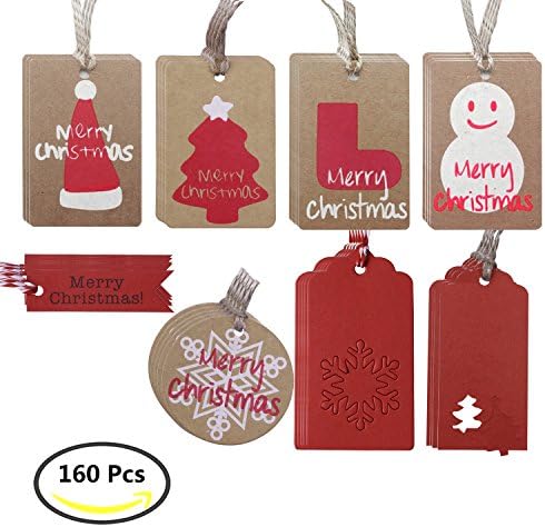 BUWANT Christmas Kraft Hanging Gift Paper Tags,Red and Brown,160 pcs with 8 Xmas Patterns and 2 Kind Natural Jute Twine