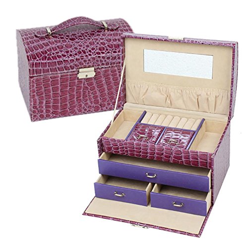 Preisvergleich Produktbild AMYMGLL Leder Krokodil Muster Schmuckschatulle, 3 Schichten Ohrringe Halskette Schmuck Aufbewahrungsbox für Frauen , purple , 23.5*15.5*16.5