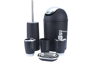 SHINE BATHROOM SET 6 PIECE ACCESSORY BIN SOAP DISH DISPENSER TUMBLER TOOTHBRUSH HOLDER (BLACK)
