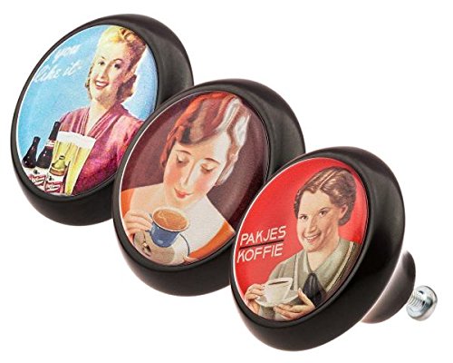 Preisvergleich Produktbild Designer Möbelknopf Set 0245 Nostalgie Werbung 3er Keramik mit moderner kuppelförmiger Oberfläche in glänzender edler Glas Optik in verschiedenen Designs und Farben Möbelknöpfe - Swami Designer Factory